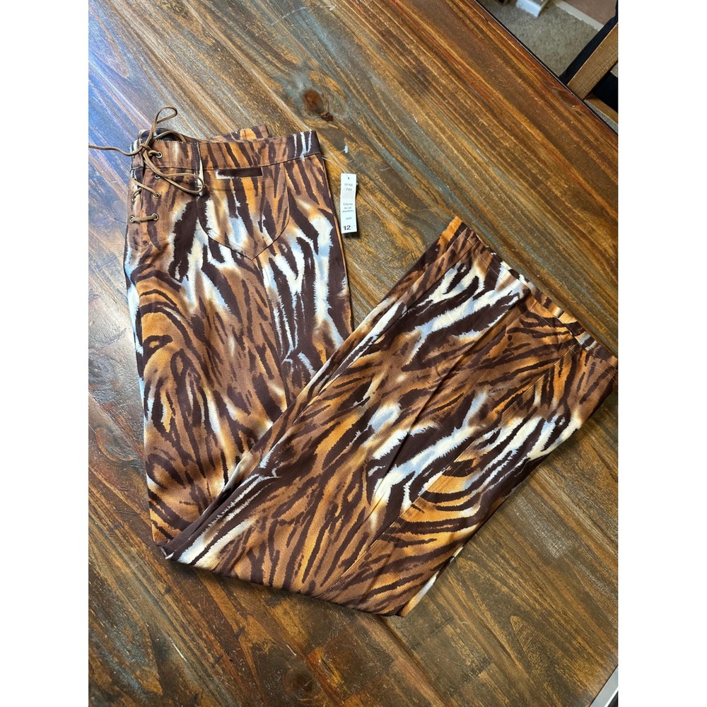 View Women Tiger Animal Print Lace Up Wide Leg Flare Pants Brown Tan Size 12 NWT